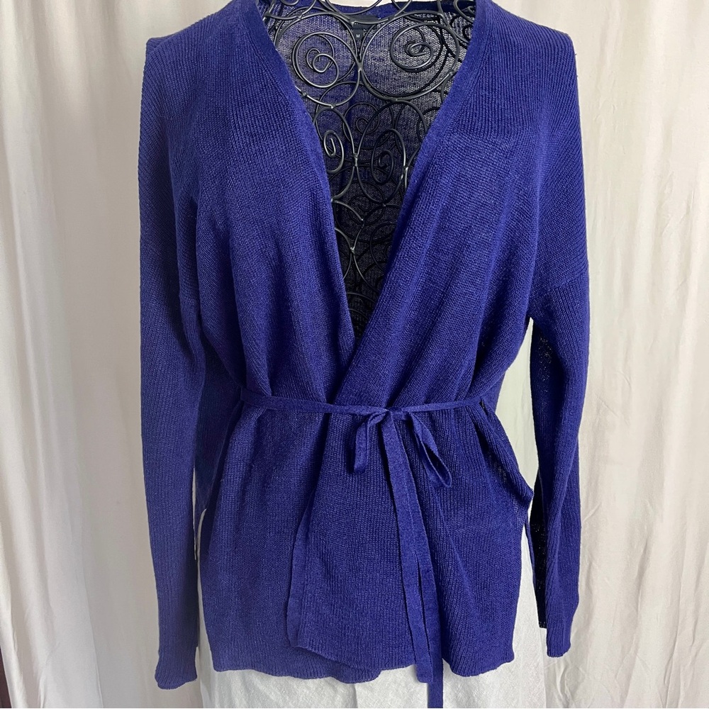 JOSEPH 100% Hemp Knit Cardigan Belted Blue Purple M | Open Knit Minimal Luxe